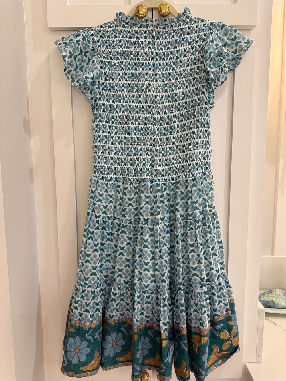 Oliphant Aqua/Blue/Teal/White Smocked Flutter Sleeve Dress w/ Metallic Accents - Picture 5 of 5